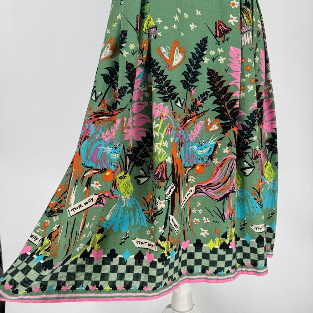Lindy Bop Leah Alice in Wonderland Tea Dress 8 Green Novelty Print Fit & Flare - Picture 3 of 15